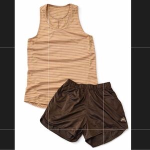TrackSmith/Striped Beige Tank Top and Brown Athletic Shorts Set